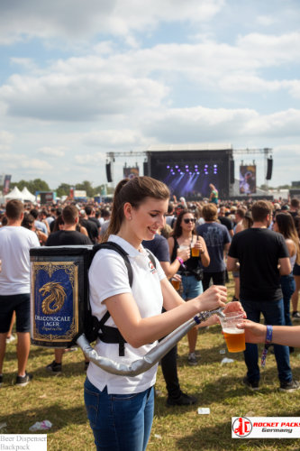 Backpack beer dispensing system for open-air drink vending at Brighton Beach Festival.