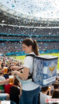 Backpack beer dispensing system serving festival visitors at San Francisco waterfront outdoor event.