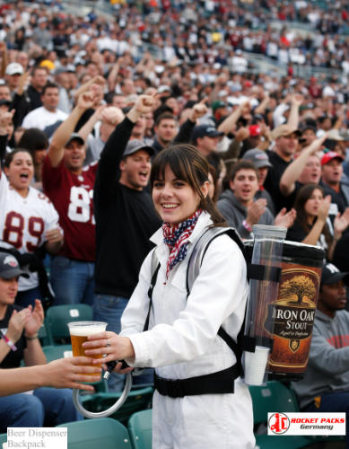Beer backpack delivering mobile service at Austin Music Week street event.
