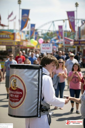 Beer backpack enabling beverage distribution at Dallas State Fair.