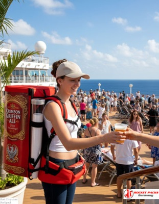 Beer backpack enabling mobile beverage vending at Las Vegas Convention Center trade show.