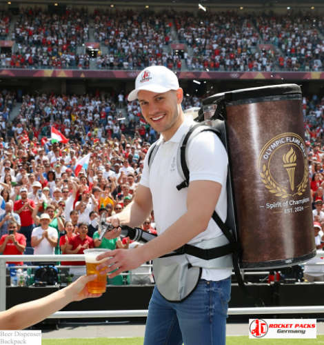 Beer backpack in use at Memphis riverfront party for mobile service.