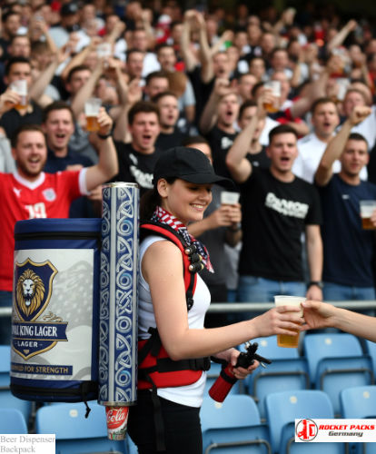 Beer backpack offering on-the-go beverage distribution during Oxford campus open day.