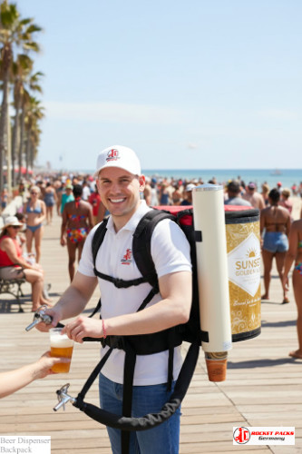 Beer backpack improving brand engagement at Pittsburgh street food market.