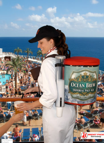 Beer backpack supporting guests at Southampton marina outdoor event.