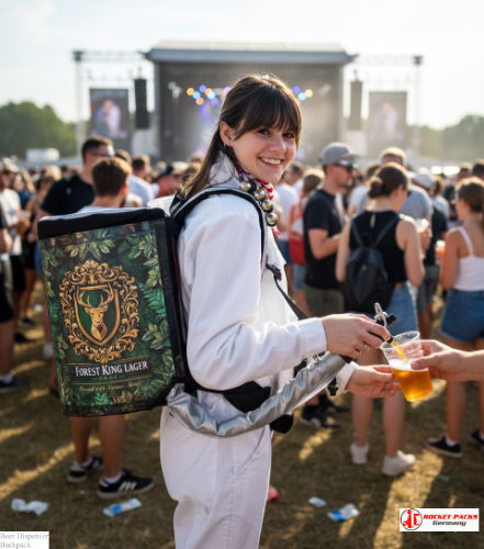 Beer backpack supporting drink service at St. Louis riverfront festival.