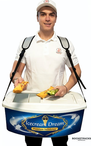 High-capacity beer vendor tray designed for selling bottled and canned beverages at large events.