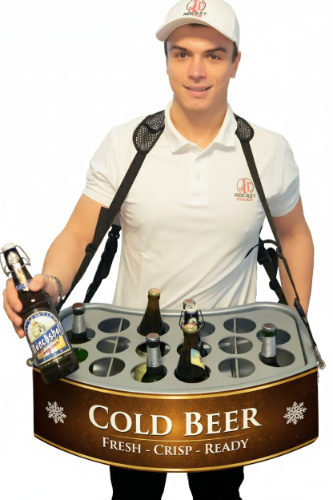 Professional beer hawker backpack supporting mobile sampling and beverage sales at a Chicago summer concert.