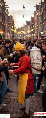 Beer hawker backpack serving guests at Detroit riverfront event.