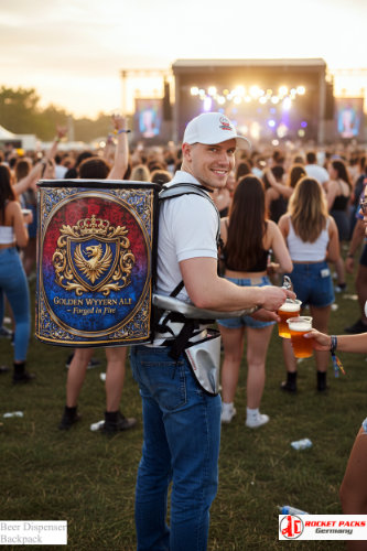 Beer hawker backpack offering mobile vending at Miami Beach lifestyle event with outdoor audience.