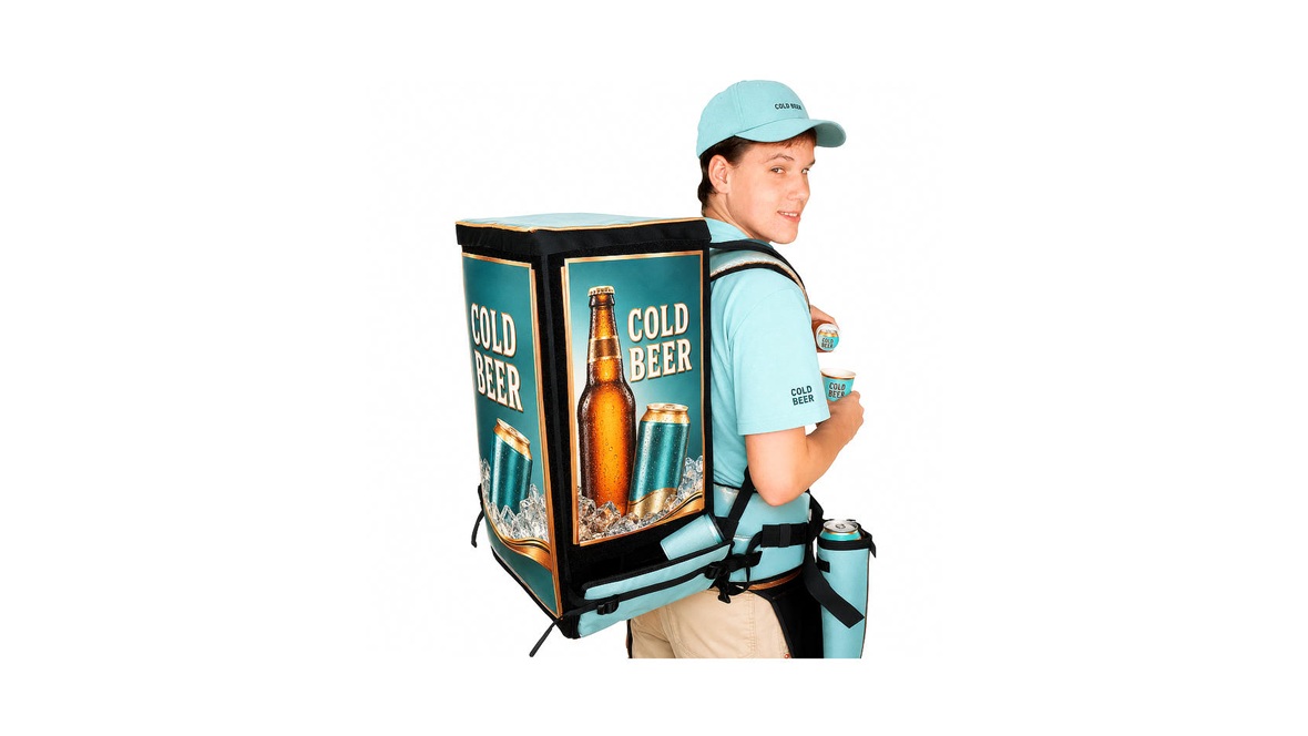 Promoter in action, flexibly serving fresh beer directly to clients with a mobile beer backpack.