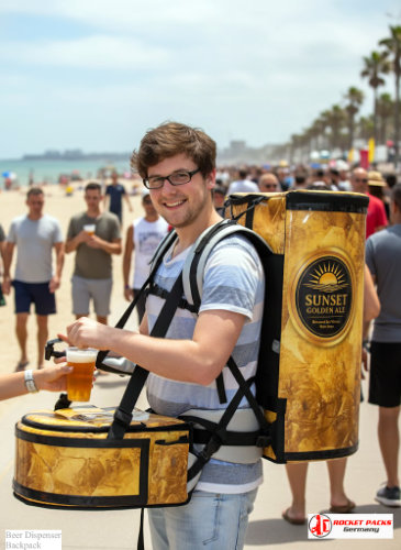 Beer vendor backpack serving attendees at Denver summer fair.