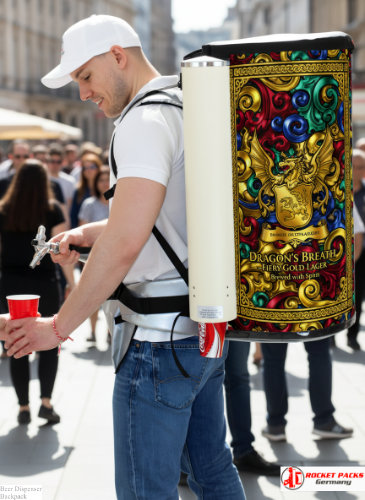 Beer vendor backpack handling mobile drink sales at Leeds City Festival.