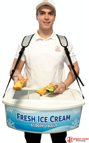 Beer vendor backpack distributing drinks at Toronto Christmas Market with mobile tasting and POS promotion.