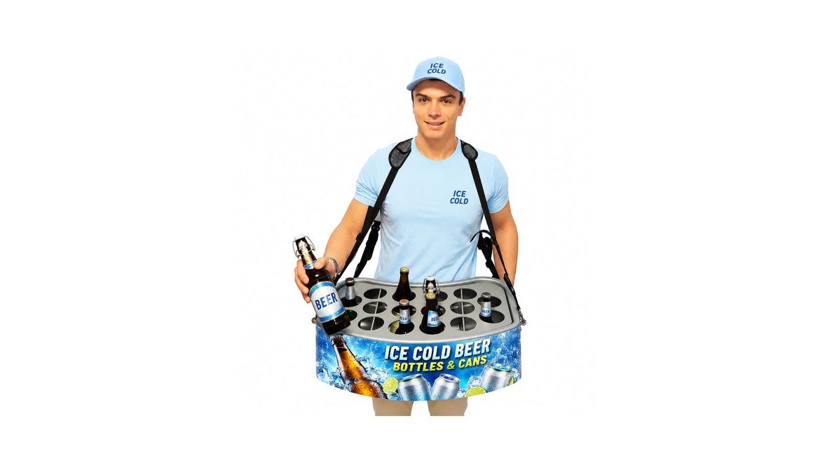 Ergonomically designed vending tray for direct sales of bottled or canned beer in stadiums or crowded areas.
