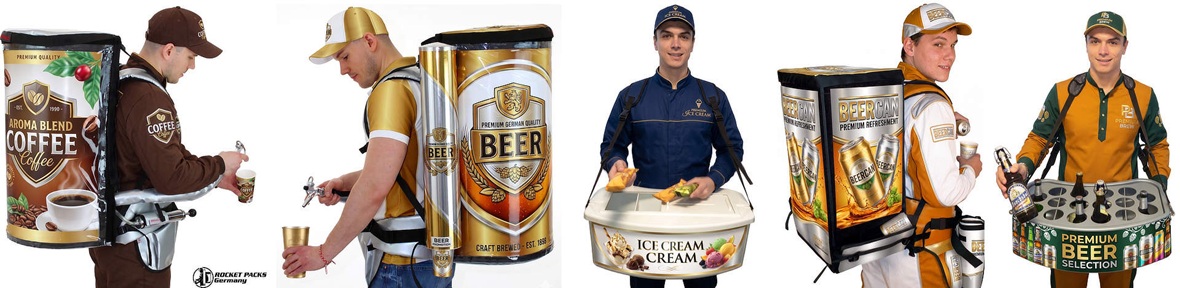 Mobile beverage and food distribution systems like beer backpacks, coffee dispensers, and promotion belly trays for professional event marketing.