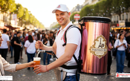 Mobile beer backpack supporting beverage service at Los Angeles drive-in cinema night event.