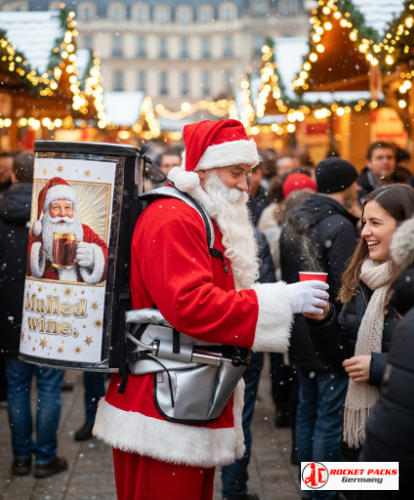 Street vendor with mulled-wine backpack serving warm drinks on a snowy winter evening at Boston’s holiday Christmas market, featuring efficient tap system, no-queue distribution and festive seasonal crowds.