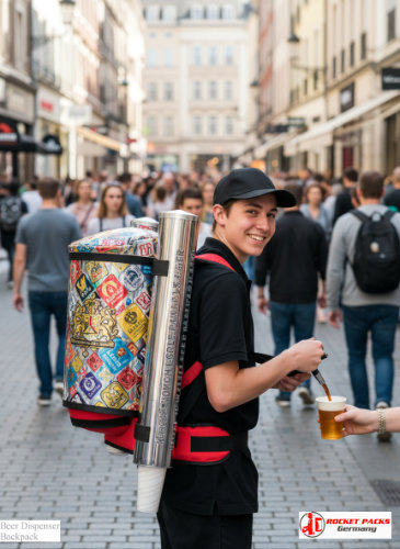 Portable beer dispenser backpack providing fast hawker service to Boston sports stadium fans.