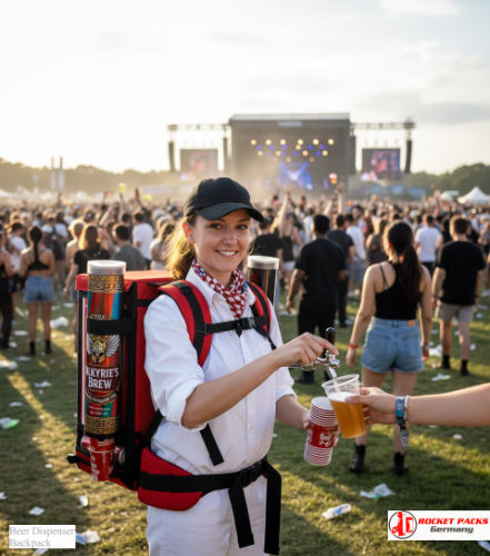 Portable beer dispensing backpack serving Cork street market visitors.