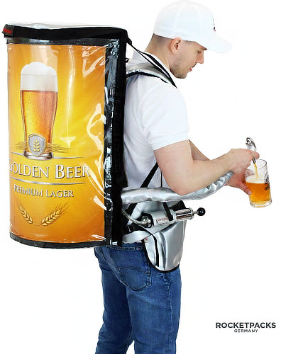 RocketPacks professional beer dispenser backpack for high-volume mobile beverage vending and stadium service.