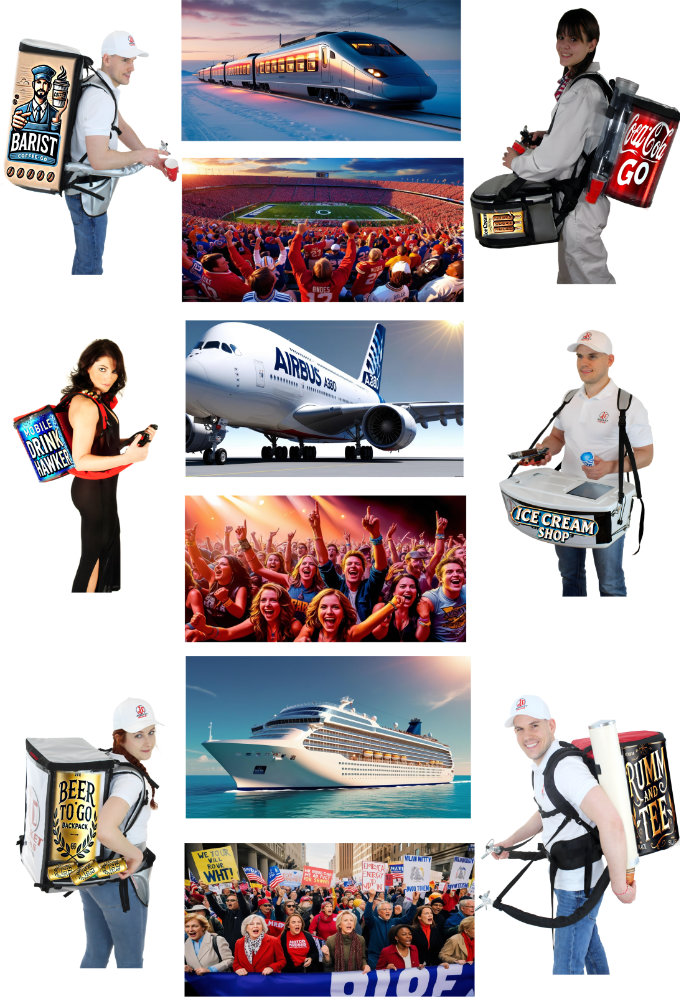 With the backpack, beer, wine, soft drinks, juice, water, coffee, mulled wine, very hot or iced drinks, with or without carbon dioxide, are offered directly to the spectators.