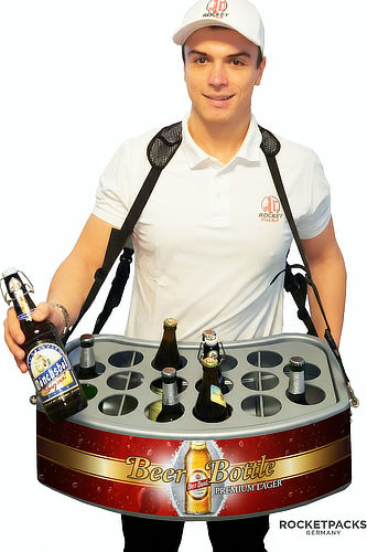 RocketPacks professional beer vendor tray for mobile beverage sales and stadium concessions.